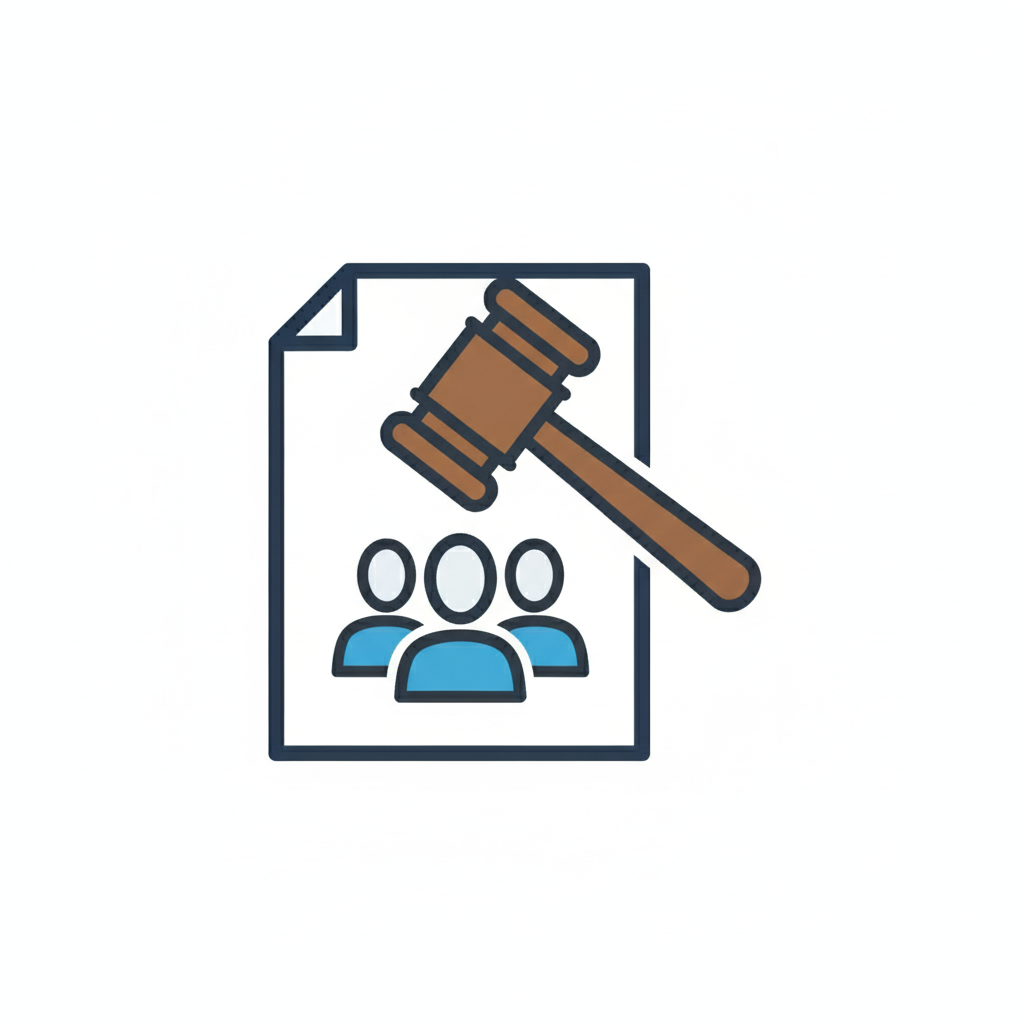 icono sobre asesoria legal que tiene un martillo de justicia y un papel con gente. Novar administracion de edificios y condominios en santiago